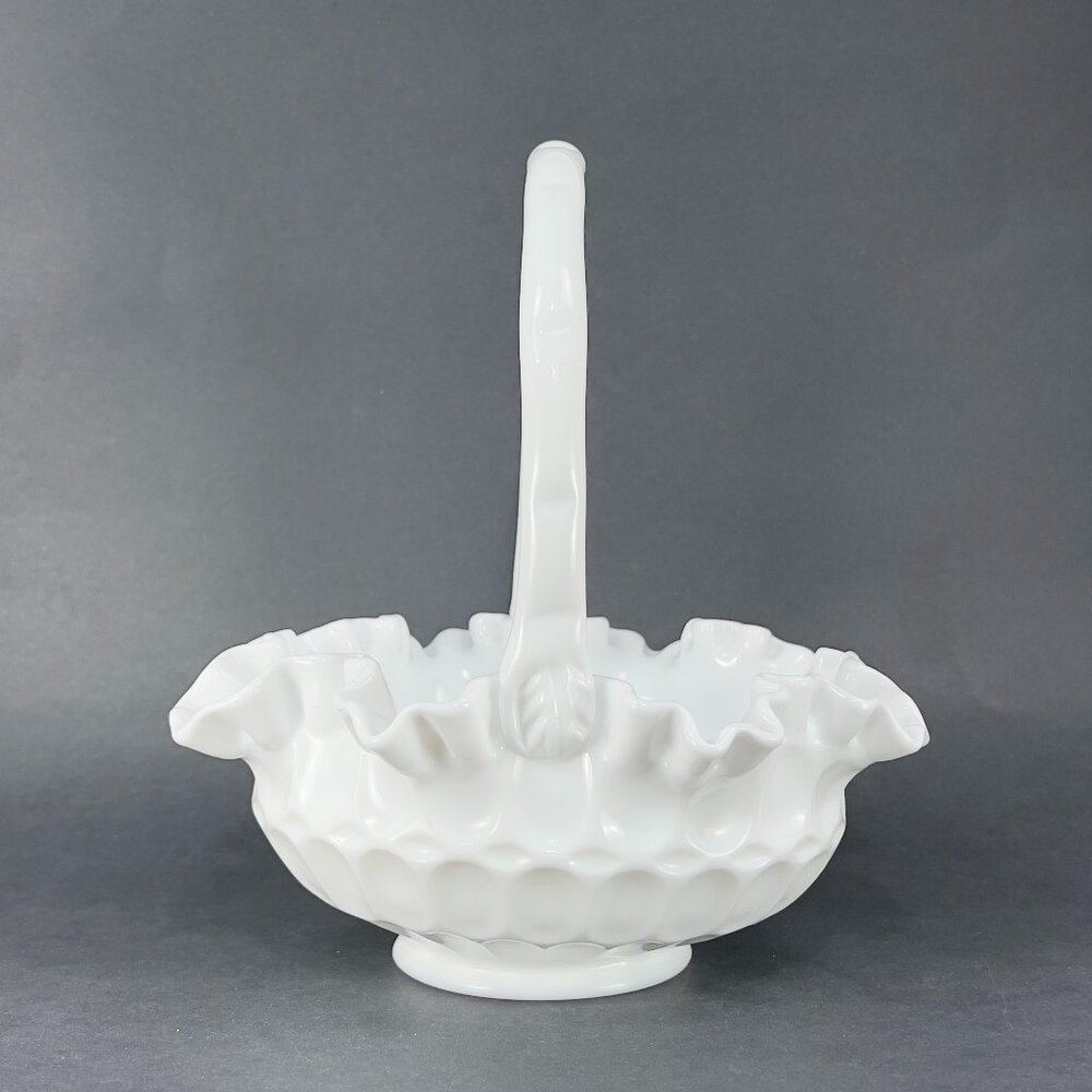 Vtg Fenton Art Milk Glass 4438 Basket Thumbprint Double Crimp Ruffle Handle